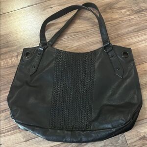 The Sak Black Leather Woven-Panel Tote